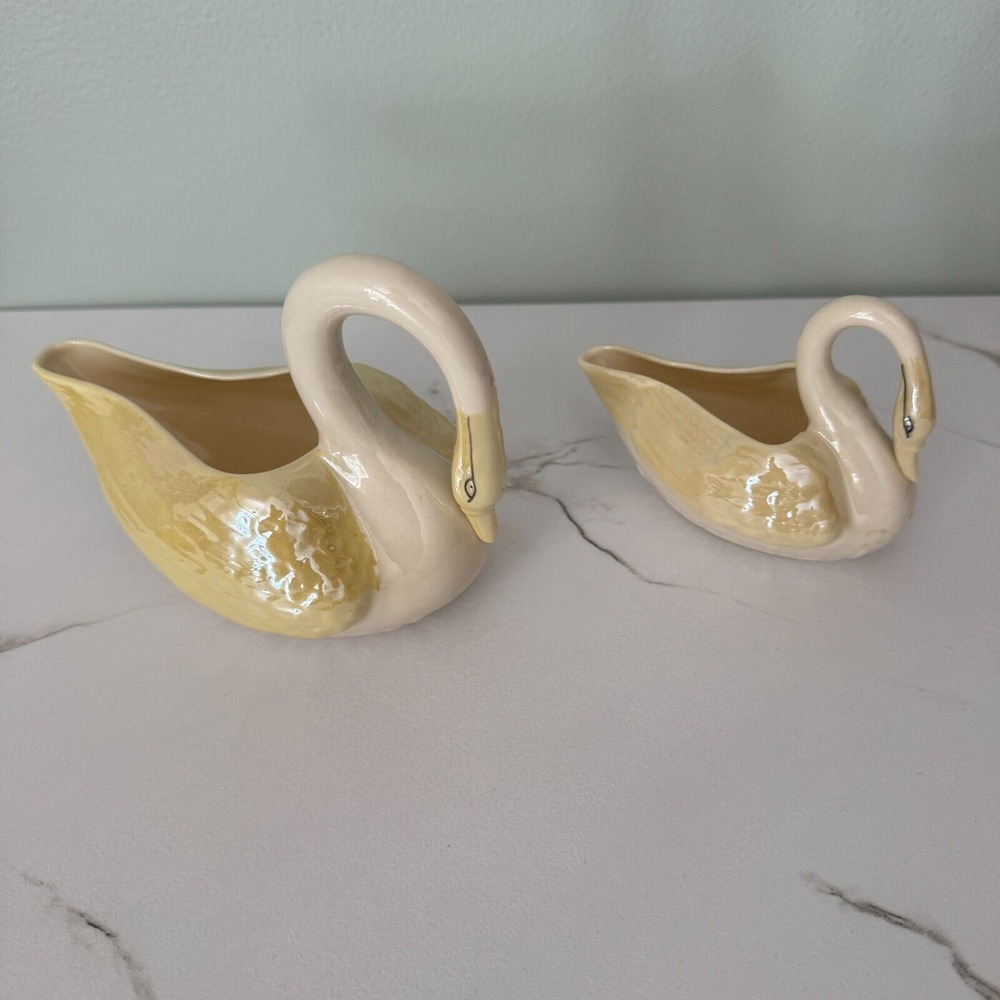 Belleek Ireland Porcelain Pair Of Swan Creamers Sauce Boats Canary Luster Gold